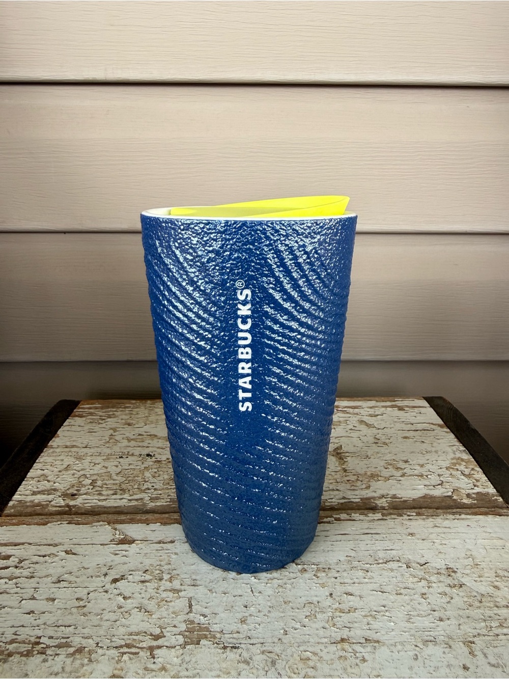 Starbucks Blue Textured Tumbler with Yellow Lid. NWOT